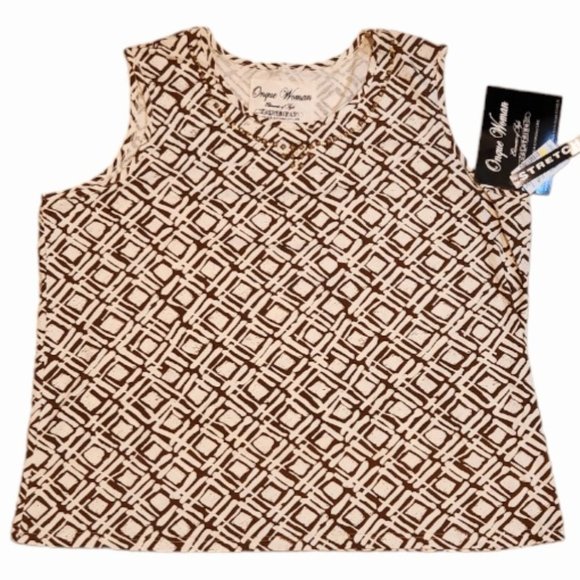 2.	Onque Woman Bead Embellished Brown and Off-White Print Tank Top 3X - Picture 1 of 3